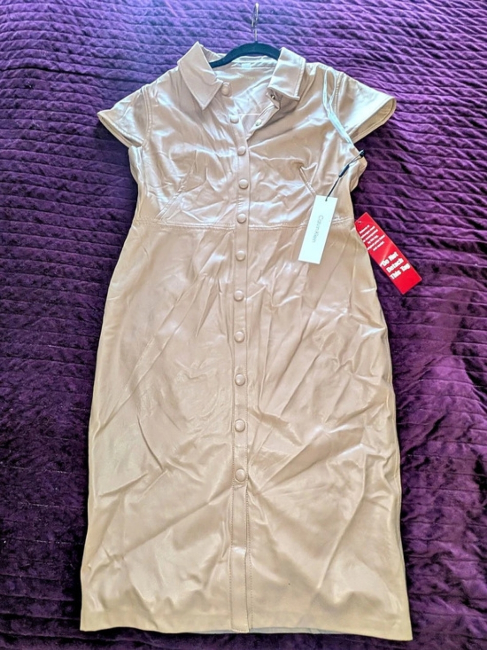 Calvin Klein Faux Leather Short Sleeve Midi Shirt Dress in Pink